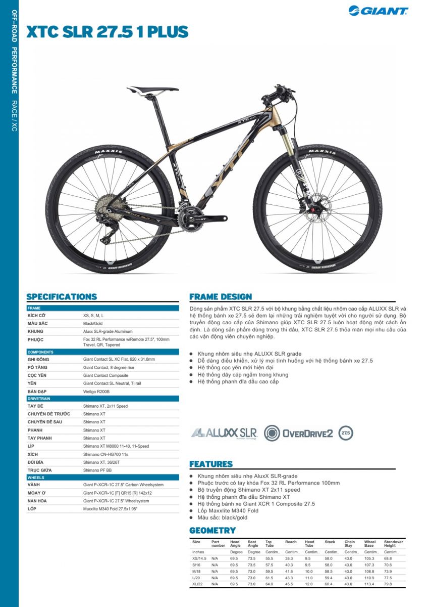 Xe đạp địa hình GIANT 2016 XTC SLR 27.5 1PLUS