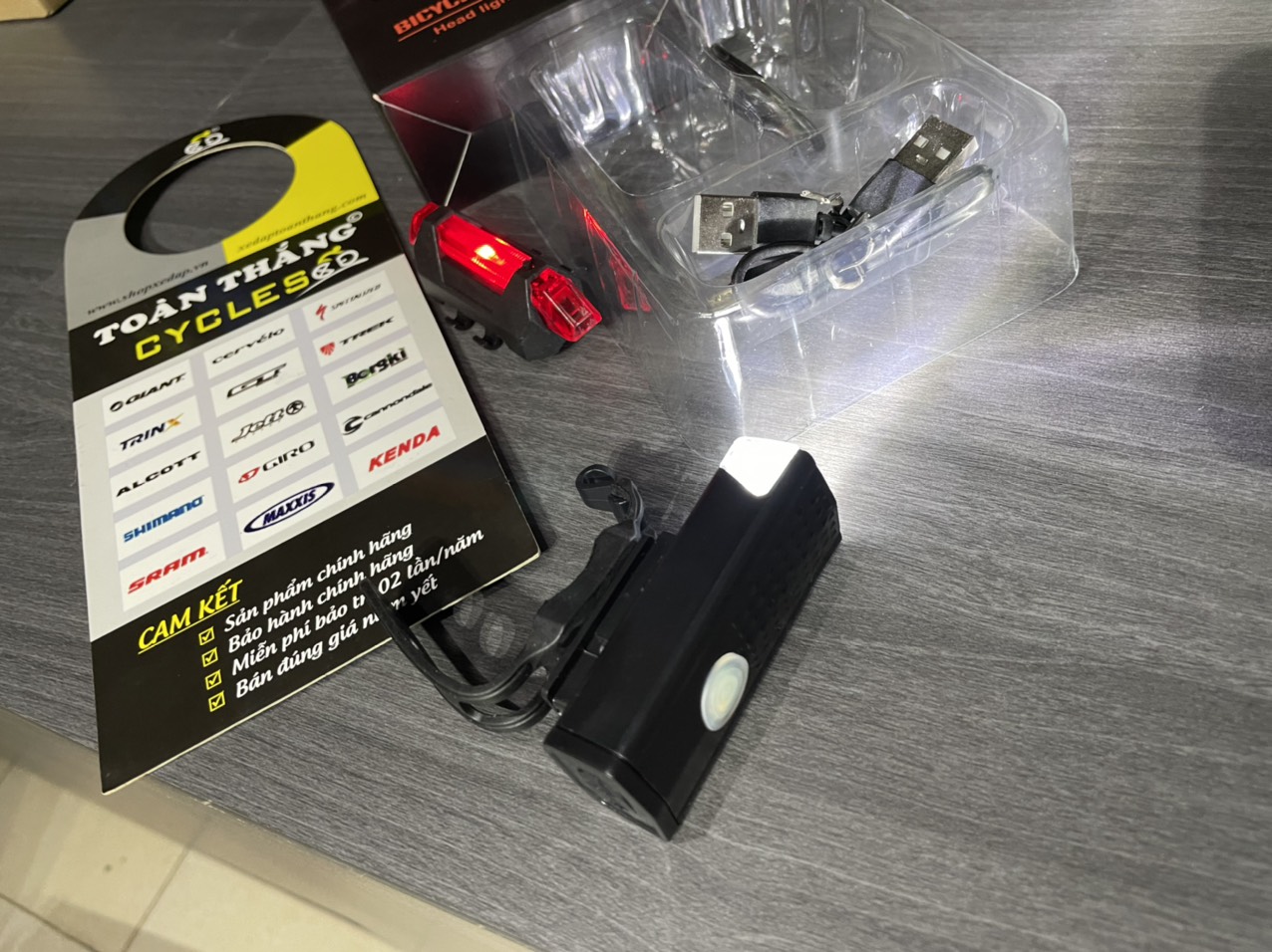 Combo Đèn chiếu sáng xe đạp trước sau sạc USB